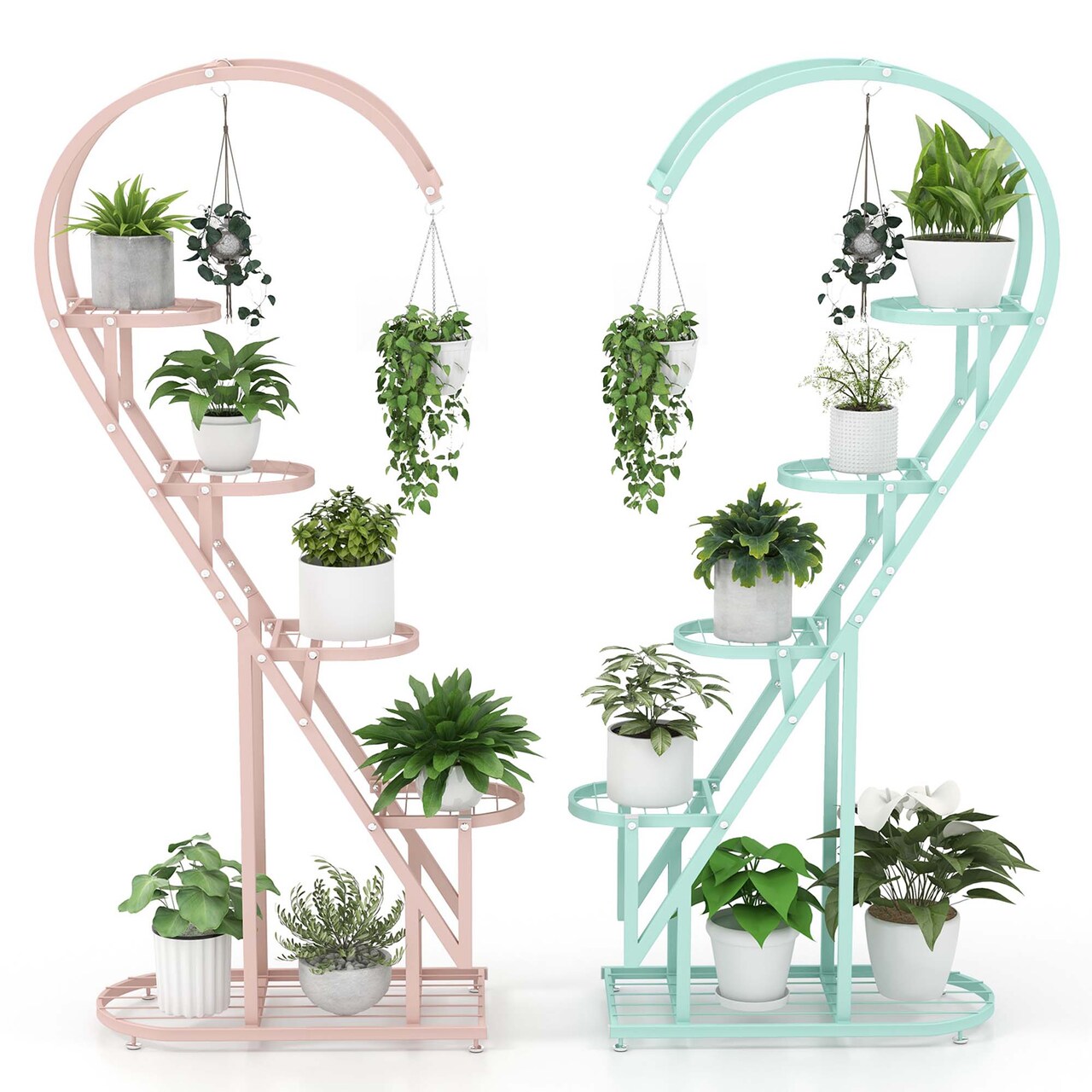 Costway 5 Tier Metal Plant Stand Heart-shaped Shelf with Hanging Hook for Multiple Plants Black/White/Pink & Blue